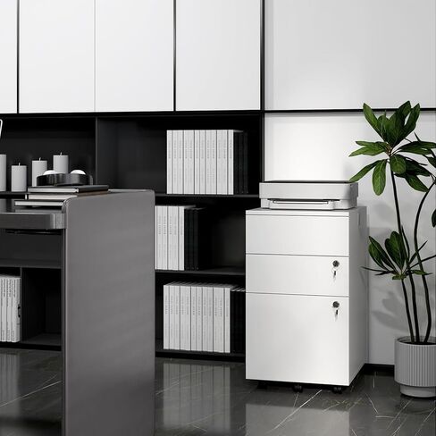 LOKO Mobile File Cabinet with 3 Drawers, Wooden Rolling Filing Cabinet with Lock, Under Desk File Organizer for A4/Letter/Legal Size, for Home Office, Study (White) in Saudi Arabia