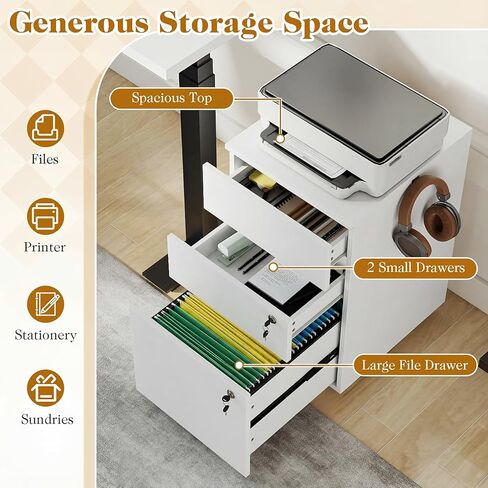 LOKO Mobile File Cabinet with 3 Drawers, Wooden Rolling Filing Cabinet with Lock, Under Desk File Organizer for A4/Letter/Legal Size, for Home Office, Study (White) in Saudi Arabia