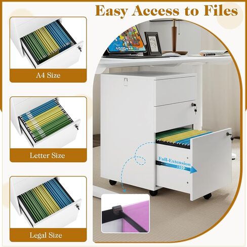 LOKO Mobile File Cabinet with 3 Drawers, Wooden Rolling Filing Cabinet with Lock, Under Desk File Organizer for A4/Letter/Legal Size, for Home Office, Study (White) in Saudi Arabia