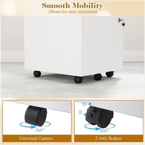 LOKO Mobile File Cabinet with 3 Drawers, Wooden Rolling Filing Cabinet with Lock, Under Desk File Organizer for A4/Letter/Legal Size, for Home Office, Study (White) in Saudi Arabia