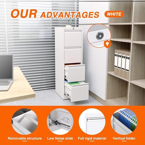 خزانة ملفات معدنية عمودية مع قفل، خزانة ملفات مع 4 أدراج للرسائل، قانوني، F4، A4، عرض 14.96 بوصة × عمق 17.72 بوصة × ارتفاع 52.36 بوصة، يلزم التجميع، أبيض in Kuwait