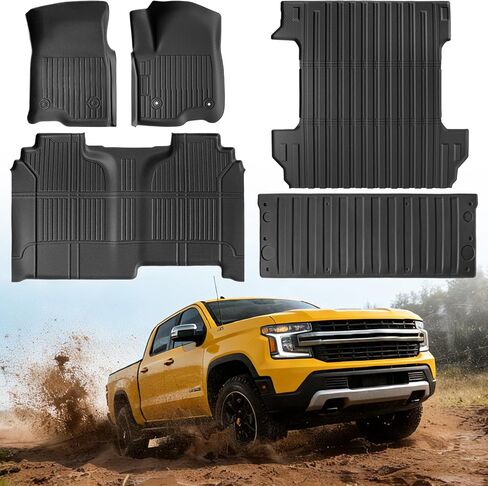DrCarNow جميع الحصير الأرضية TPE لجميع الأحوال الجوية لسيارة Chevy Silverado 1500 وGMC Sierra 1500 Crew Cab 2019-2026 المخصصة الأمامية والخلفية مع حصيرة سرير 5.8FT وبطانة الباب الخلفي ملحقات شديدة التحمل غير قابلة للانزلاق in Saudi Arabia