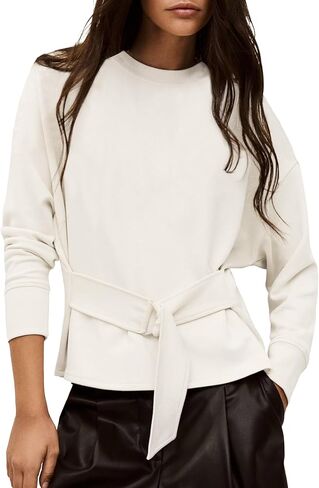 Womens Buckle Belted Sweatshirts Stylish Lace Up Tops Casual Long Sleeve Crewneck Cropped Tunic Pullover in Saudi Arabia