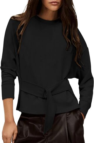 Womens Buckle Belted Sweatshirts Stylish Lace Up Tops Casual Long Sleeve Crewneck Cropped Tunic Pullover in Saudi Arabia