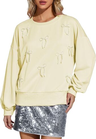 Pearl Bow Sweatshirts, Crewneck Tops for Women, Clean Girl Clothes, Fall Pullover Sweatshirt Teen Girls Cute in Saudi Arabia