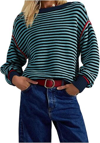 Women's Fall Casual Long Sleeve Sweaters Oversized Crewneck Striped Color Block Y2K Pullover Tops in Saudi Arabia