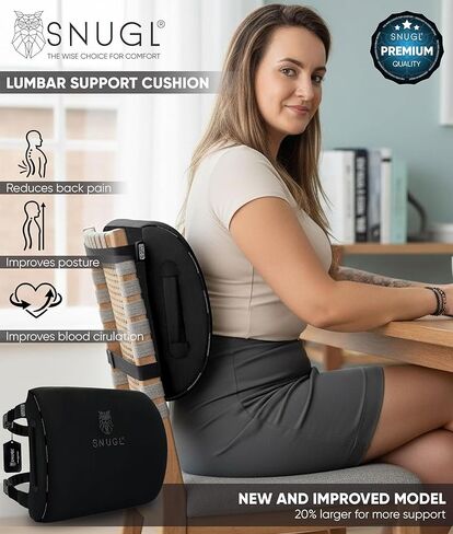 SNUGL Lower Back Support Cushion for Chair and Car Seat Back Support | Memory Foam Back Lumbar Support Cushion with Dual Straps | Ergonomic Office Chair Back Support with Non-Slip Back Layer | Black in Kuwait