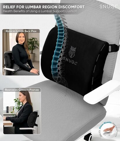 SNUGL Lower Back Support Cushion for Chair and Car Seat Back Support | Memory Foam Back Lumbar Support Cushion with Dual Straps | Ergonomic Office Chair Back Support with Non-Slip Back Layer | Black in Kuwait