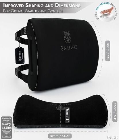 SNUGL Lower Back Support Cushion for Chair and Car Seat Back Support | Memory Foam Back Lumbar Support Cushion with Dual Straps | Ergonomic Office Chair Back Support with Non-Slip Back Layer | Black in Kuwait