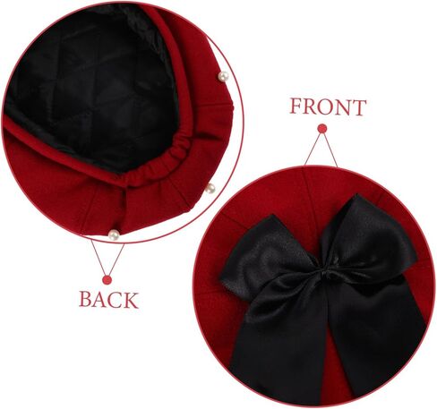 أنيقة لؤلؤة Bowknot قبعة بيريه للنساء خمر قبعة صوف مثمنة في النبيذ الأحمر أنيقة مستوحاة من الفرنسية أغطية الرأس عارضة لجميع المواسم المؤنث تعزيز الملابس in Kuwait
