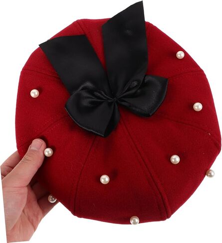 أنيقة لؤلؤة Bowknot قبعة بيريه للنساء خمر قبعة صوف مثمنة في النبيذ الأحمر أنيقة مستوحاة من الفرنسية أغطية الرأس عارضة لجميع المواسم المؤنث تعزيز الملابس in Kuwait