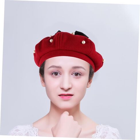 أنيقة لؤلؤة Bowknot قبعة بيريه للنساء خمر قبعة صوف مثمنة في النبيذ الأحمر أنيقة مستوحاة من الفرنسية أغطية الرأس عارضة لجميع المواسم المؤنث تعزيز الملابس in Kuwait