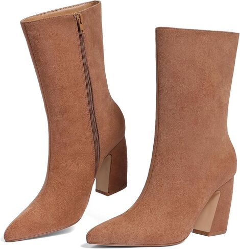 CYNLLIO حذاء كاحل للنساء من جلد الغزال البني بمقدمة مدببة حذاء شتوي واسع الساق مقاس 3.35 بوصة بكعب مكتنز بوتاس دي موجر أنيق in Kuwait