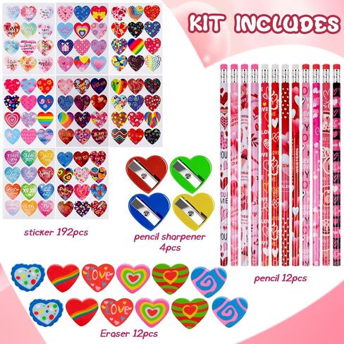 مجموعة قرطاسية لأقلام عيد الحب للأطفال، 12 قلم رصاص، 12 ممحاة قلب، 4 مبراة أقلام ملونة، و192 ملصق قلب عيد الحب - تبادل هدايا عيد الحب in Kuwait