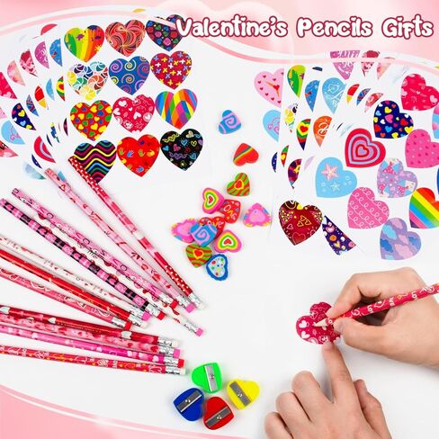 مجموعة قرطاسية لأقلام عيد الحب للأطفال، 12 قلم رصاص، 12 ممحاة قلب، 4 مبراة أقلام ملونة، و192 ملصق قلب عيد الحب - تبادل هدايا عيد الحب in Kuwait