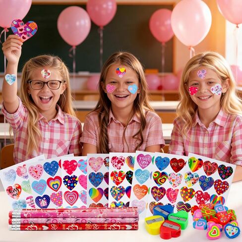 مجموعة قرطاسية لأقلام عيد الحب للأطفال، 12 قلم رصاص، 12 ممحاة قلب، 4 مبراة أقلام ملونة، و192 ملصق قلب عيد الحب - تبادل هدايا عيد الحب in Kuwait