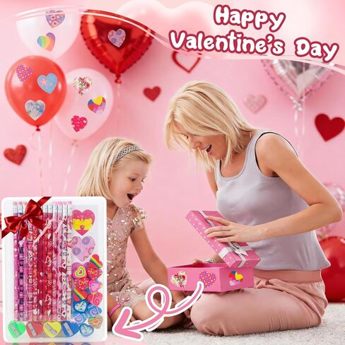 مجموعة قرطاسية لأقلام عيد الحب للأطفال، 12 قلم رصاص، 12 ممحاة قلب، 4 مبراة أقلام ملونة، و192 ملصق قلب عيد الحب - تبادل هدايا عيد الحب in Kuwait