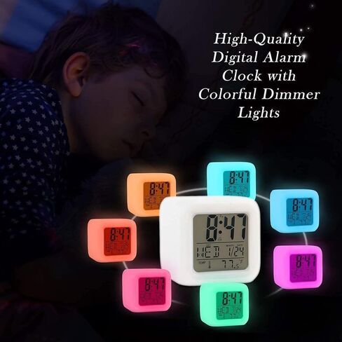 Alarm Clock with 7 Color Changing Night Light, Digital Kid Alarm Clocks with Snooze, Wake Up Digital Clock for Room Decor, Temperature, Gift for Girls Boys, Back to School Gifts in Kuwait