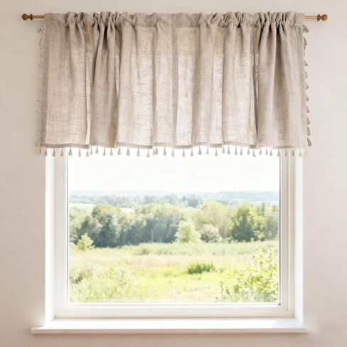 1Pc Boho Linen Window Valance with Tassels 58.5inch x 17.5inch Country Farmhouse Curtain for Kitchen Living Room Bedroom Bathroom Laundry Room Window Treatment in Saudi Arabia