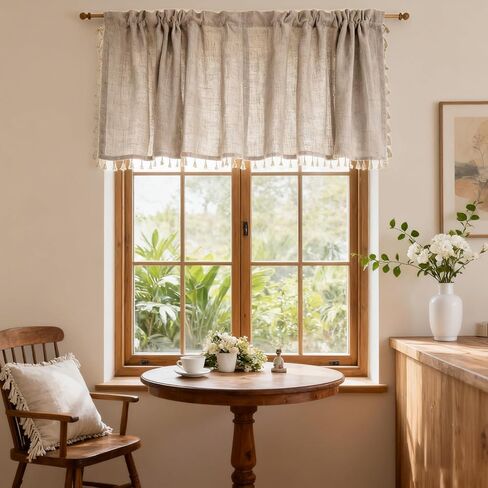 1Pc Boho Linen Window Valance with Tassels 58.5inch x 17.5inch Country Farmhouse Curtain for Kitchen Living Room Bedroom Bathroom Laundry Room Window Treatment in Saudi Arabia