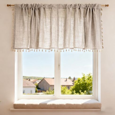 1Pc Boho Linen Window Valance with Tassels 58.5inch x 17.5inch Country Farmhouse Curtain for Kitchen Living Room Bedroom Bathroom Laundry Room Window Treatment in Saudi Arabia