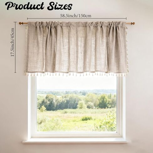 1Pc Boho Linen Window Valance with Tassels 58.5inch x 17.5inch Country Farmhouse Curtain for Kitchen Living Room Bedroom Bathroom Laundry Room Window Treatment in Saudi Arabia