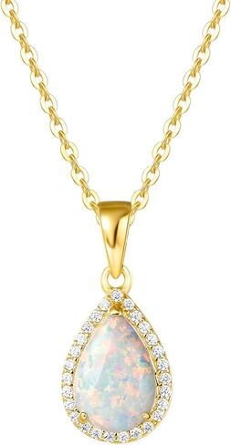 FANCIME Sterling Silver Gold Plated Opal Necklace White Opal Halo Waterdrop Teardrop Opal Pendant October Birthstone Necklace Jewelry for Women 16"+2" in Saudi Arabia