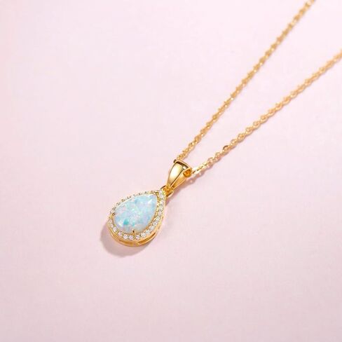 FANCIME Sterling Silver Gold Plated Opal Necklace White Opal Halo Waterdrop Teardrop Opal Pendant October Birthstone Necklace Jewelry for Women 16"+2" in Saudi Arabia