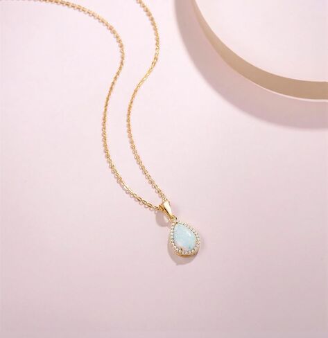 FANCIME Sterling Silver Gold Plated Opal Necklace White Opal Halo Waterdrop Teardrop Opal Pendant October Birthstone Necklace Jewelry for Women 16"+2" in Saudi Arabia