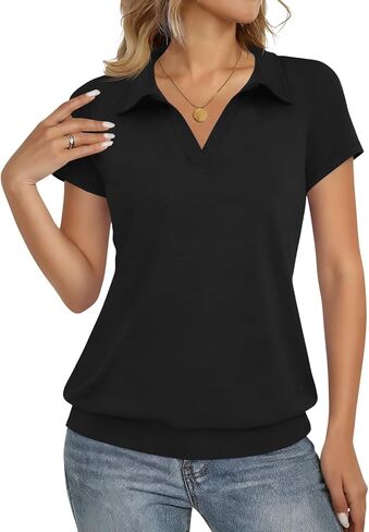 Fisoew Womens Polo Shirts Short Sleeve Banded Bottom Tops Casual Loose Collared V Neck Blouses in Saudi Arabia