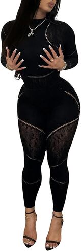 Women Sexy Mesh 2 Piece Outfits Hollow Long Sleeve See Through Jumpsuit Club Party Bodysuit and Legging Set in Saudi Arabia