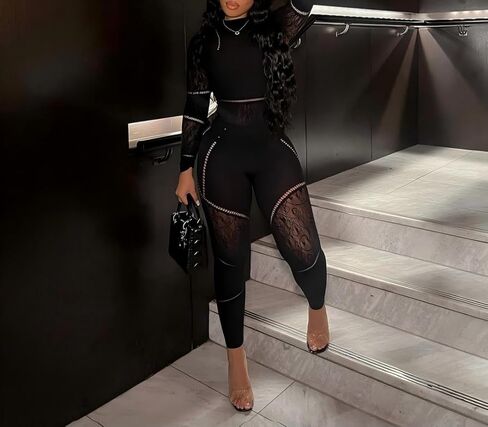 Women Sexy Mesh 2 Piece Outfits Hollow Long Sleeve See Through Jumpsuit Club Party Bodysuit and Legging Set in Saudi Arabia