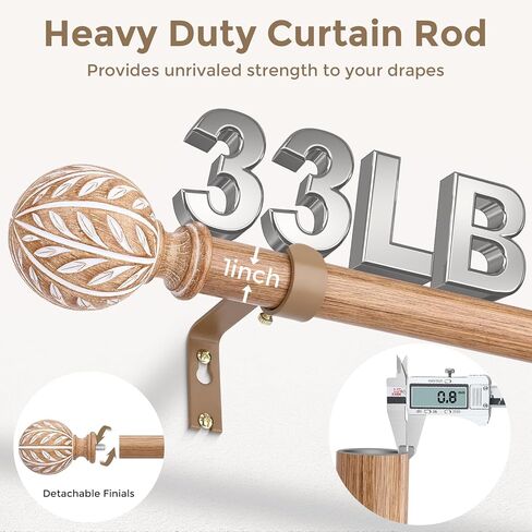 Boho Wood Curtain Rod, Decorative Curtain Rods for Windows 48 to 84 Inch with Handmade Wood Grain Leaf Finials, 1 Inch Adjustable Heavy Duty Vintage Rustic Window Treatment Rods, Easy Install in Kuwait