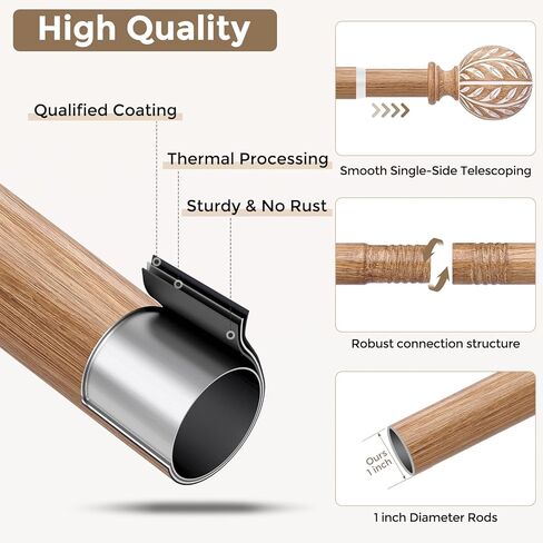 Boho Wood Curtain Rod, Decorative Curtain Rods for Windows 48 to 84 Inch with Handmade Wood Grain Leaf Finials, 1 Inch Adjustable Heavy Duty Vintage Rustic Window Treatment Rods, Easy Install in Kuwait
