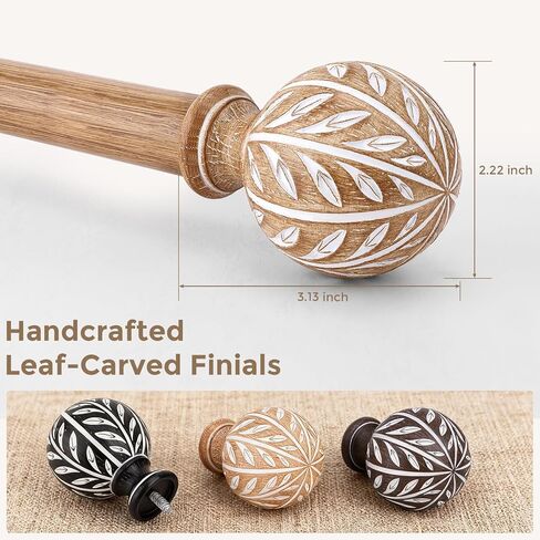 Boho Wood Curtain Rod, Decorative Curtain Rods for Windows 48 to 84 Inch with Handmade Wood Grain Leaf Finials, 1 Inch Adjustable Heavy Duty Vintage Rustic Window Treatment Rods, Easy Install in Kuwait
