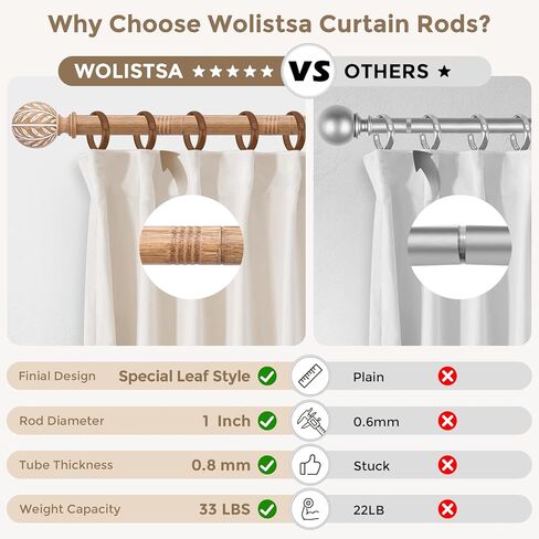 Boho Wood Curtain Rod, Decorative Curtain Rods for Windows 48 to 84 Inch with Handmade Wood Grain Leaf Finials, 1 Inch Adjustable Heavy Duty Vintage Rustic Window Treatment Rods, Easy Install in Kuwait