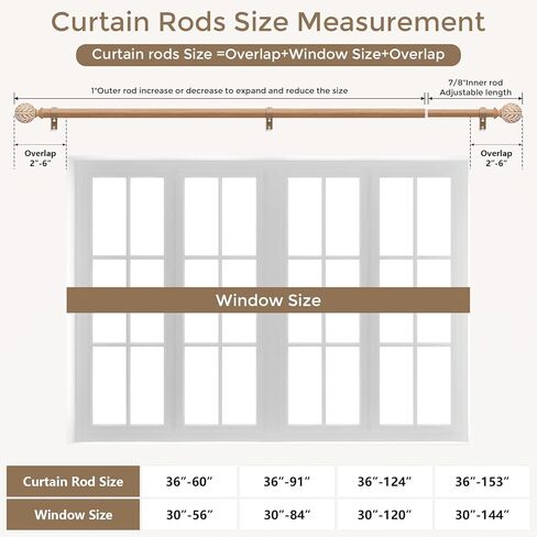 Boho Wood Curtain Rod, Decorative Curtain Rods for Windows 48 to 84 Inch with Handmade Wood Grain Leaf Finials, 1 Inch Adjustable Heavy Duty Vintage Rustic Window Treatment Rods, Easy Install in Kuwait