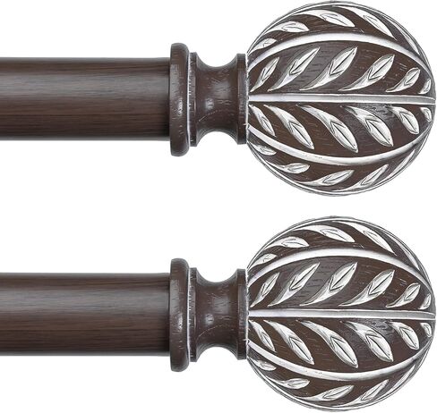 Boho Wood Curtain Rod, Decorative Curtain Rods for Windows 48 to 84 Inch with Handmade Wood Grain Leaf Finials, 1 Inch Adjustable Heavy Duty Vintage Rustic Window Treatment Rods, Easy Install in Kuwait