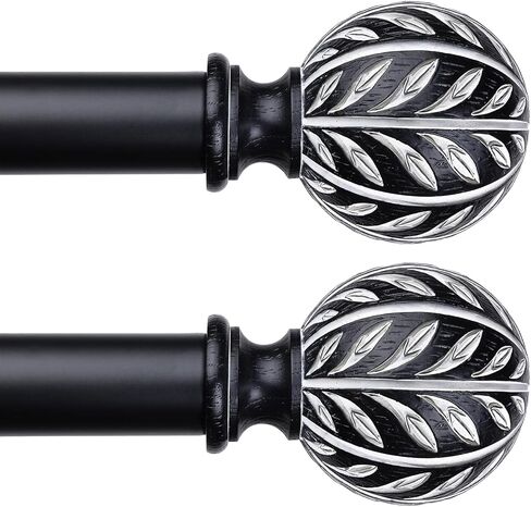 Boho Wood Curtain Rod, Decorative Curtain Rods for Windows 48 to 84 Inch with Handmade Wood Grain Leaf Finials, 1 Inch Adjustable Heavy Duty Vintage Rustic Window Treatment Rods, Easy Install in Kuwait
