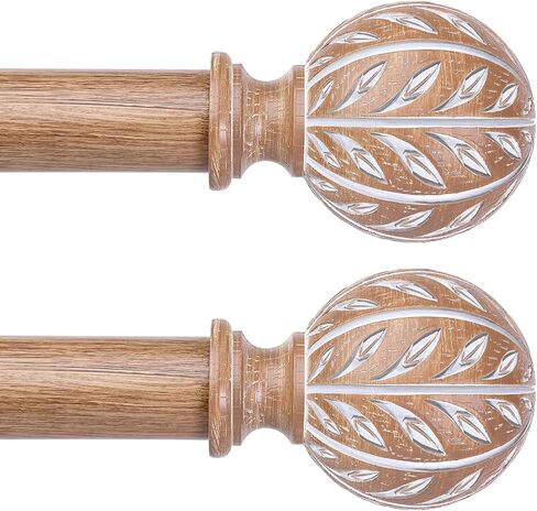 Boho Wood Curtain Rod, Decorative Curtain Rods for Windows 48 to 84 Inch with Handmade Wood Grain Leaf Finials, 1 Inch Adjustable Heavy Duty Vintage Rustic Window Treatment Rods, Easy Install in Kuwait