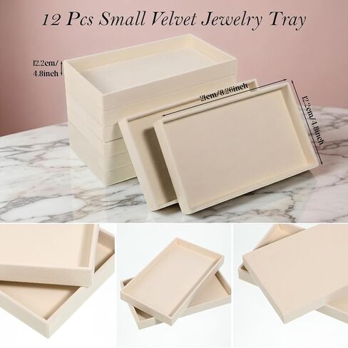 12 قطعة من صينية المجوهرات المخملية الصغيرة، أدراج المجوهرات القابلة للتكديس، صواني تنظيم المجوهرات، صواني عرض المجوهرات للقلادة، القرط، الخاتم، السوار، 8.3 × 4.8 × 1 بوصة (بيج) in Kuwait