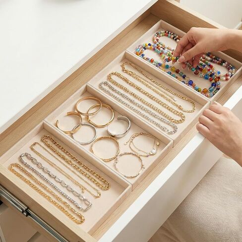 12 قطعة من صينية المجوهرات المخملية الصغيرة، أدراج المجوهرات القابلة للتكديس، صواني تنظيم المجوهرات، صواني عرض المجوهرات للقلادة، القرط، الخاتم، السوار، 8.3 × 4.8 × 1 بوصة (بيج) in Kuwait