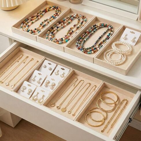 12 قطعة من صينية المجوهرات المخملية الصغيرة، أدراج المجوهرات القابلة للتكديس، صواني تنظيم المجوهرات، صواني عرض المجوهرات للقلادة، القرط، الخاتم، السوار، 8.3 × 4.8 × 1 بوصة (بيج) in Kuwait