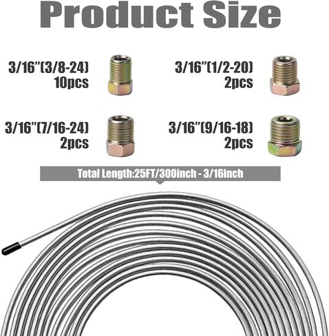 طقم خط فرامل مطور بطول 25 قدمًا و3/16 بوصة، يتميز بأنابيب مرنة جديدة مطلية بالزنك، ومناسبة لأنظمة الفرامل الهيدروليكية وأنظمة الوقود/ناقل الحركة (تتضمن 16 قطعة تركيب). in Kuwait