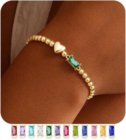 Turandoss Birthstone Bracelets for Women - Dainty 14K Gold Plated Elastic Beaded Green Emerald Birthstone Heart Bracelets Friendship Birthday Jewelry Gifts for Women Girls Trendy in Saudi Arabia