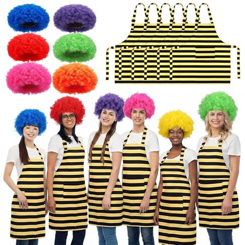 6 Set Party Supplies Funny Tree Costume Afro Wig Yellow and Black Striped Apron Reading Across America Day Costume Storybook Character Costumes in Saudi Arabia