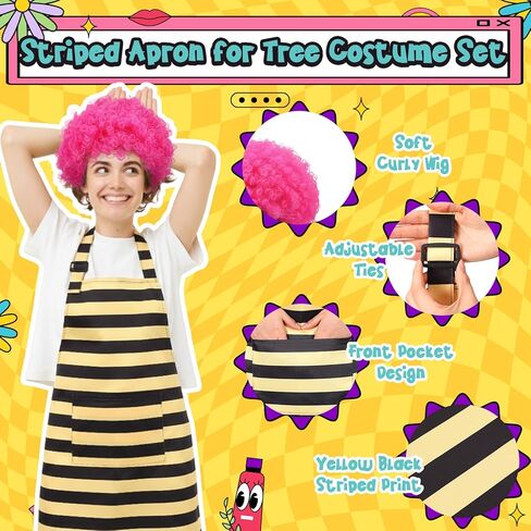 6 Set Party Supplies Funny Tree Costume Afro Wig Yellow and Black Striped Apron Reading Across America Day Costume Storybook Character Costumes in Saudi Arabia