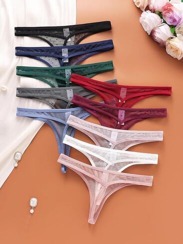 Lace Women's Thong Underwear 10-Pack, Sexy Lace Briefs Set Transparent Mesh Design Heart Pattern Comfortable Everyday Wear in Saudi Arabia