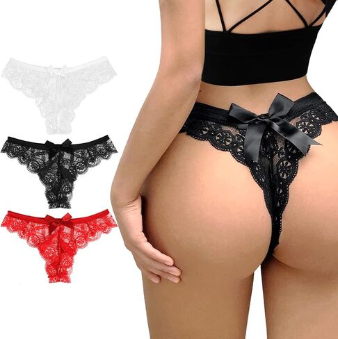 Women Sexy Panties 3 Pack Lace Bow Thongs Low Waist Panties V-Shape Naughty Cheeky Underwear for Bride in Saudi Arabia