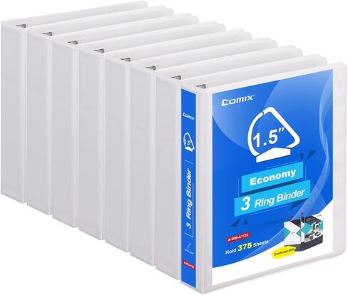 COMIX Heavy Duty 1 1/2 inch Slant-D Ring View Binder, 1.5 inch 3 Ring Binders, Hold 350 Sheets of 8.5" x 11" Paper, 8 Pack (White) in Kuwait